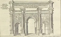 An illustration from Splendore dell'antica e moderna Roma : nel qvale si rappresentano tutti i principali tempii, teatri, anfiteatri, cerchi, naumachie, archi trionfali, obelischi, palagii, terme, curie, basiliche, fatti delli ré, consoli, dittatori, & imperadori romani : dignità ciuili, e militari, ordine de' trionfi, nomi di tutti i trionfanti, sacrificio militare; colonna Traiana, colonna Antonina, colonna milliaria, colonna rostrata, & colonna bellica; con li più segnalati giardini de gli antichi, e moderni Romani & altre cose notabili, con fatti, & imprese di quelli, da'quali sono stati eretti, e dedicati. : et in questa vltima impressione abbellito di molti disegni antichi, e moderni; & aggiuntoui le descrittioni delle figure cauate dall'antichi medaglie de gl'imperadori, in quatto linguagi latino, italiano, tedesco, e francese, per vtilità commune (1641)