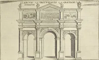 An illustration from Splendore dell'antica e moderna Roma : nel qvale si rappresentano tutti i principali tempii, teatri, anfiteatri, cerchi, naumachie, archi trionfali, obelischi, palagii, terme, curie, basiliche, fatti delli ré, consoli, dittatori, & imperadori romani : dignità ciuili, e militari, ordine de' trionfi, nomi di tutti i trionfanti, sacrificio militare; colonna Traiana, colonna Antonina, colonna milliaria, colonna rostrata, & colonna bellica; con li più segnalati giardini de gli antichi, e moderni Romani & altre cose notabili, con fatti, & imprese di quelli, da'quali sono stati eretti, e dedicati. : et in questa vltima impressione abbellito di molti disegni antichi, e moderni; & aggiuntoui le descrittioni delle figure cauate dall'antichi medaglie de gl'imperadori, in quatto linguagi latino, italiano, tedesco, e francese, per vtilità commune (1641)