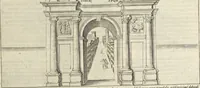 An illustration from Splendore dell'antica e moderna Roma : nel qvale si rappresentano tutti i principali tempii, teatri, anfiteatri, cerchi, naumachie, archi trionfali, obelischi, palagii, terme, curie, basiliche, fatti delli ré, consoli, dittatori, & imperadori romani : dignità ciuili, e militari, ordine de' trionfi, nomi di tutti i trionfanti, sacrificio militare; colonna Traiana, colonna Antonina, colonna milliaria, colonna rostrata, & colonna bellica; con li più segnalati giardini de gli antichi, e moderni Romani & altre cose notabili, con fatti, & imprese di quelli, da'quali sono stati eretti, e dedicati. : et in questa vltima impressione abbellito di molti disegni antichi, e moderni; & aggiuntoui le descrittioni delle figure cauate dall'antichi medaglie de gl'imperadori, in quatto linguagi latino, italiano, tedesco, e francese, per vtilità commune (1641)