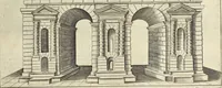 An illustration from Splendore dell'antica e moderna Roma : nel qvale si rappresentano tutti i principali tempii, teatri, anfiteatri, cerchi, naumachie, archi trionfali, obelischi, palagii, terme, curie, basiliche, fatti delli ré, consoli, dittatori, & imperadori romani : dignità ciuili, e militari, ordine de' trionfi, nomi di tutti i trionfanti, sacrificio militare; colonna Traiana, colonna Antonina, colonna milliaria, colonna rostrata, & colonna bellica; con li più segnalati giardini de gli antichi, e moderni Romani & altre cose notabili, con fatti, & imprese di quelli, da'quali sono stati eretti, e dedicati. : et in questa vltima impressione abbellito di molti disegni antichi, e moderni; & aggiuntoui le descrittioni delle figure cauate dall'antichi medaglie de gl'imperadori, in quatto linguagi latino, italiano, tedesco, e francese, per vtilità commune (1641)