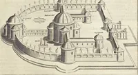 An illustration from Splendore dell'antica e moderna Roma : nel qvale si rappresentano tutti i principali tempii, teatri, anfiteatri, cerchi, naumachie, archi trionfali, obelischi, palagii, terme, curie, basiliche, fatti delli ré, consoli, dittatori, & imperadori romani : dignità ciuili, e militari, ordine de' trionfi, nomi di tutti i trionfanti, sacrificio militare; colonna Traiana, colonna Antonina, colonna milliaria, colonna rostrata, & colonna bellica; con li più segnalati giardini de gli antichi, e moderni Romani & altre cose notabili, con fatti, & imprese di quelli, da'quali sono stati eretti, e dedicati. : et in questa vltima impressione abbellito di molti disegni antichi, e moderni; & aggiuntoui le descrittioni delle figure cauate dall'antichi medaglie de gl'imperadori, in quatto linguagi latino, italiano, tedesco, e francese, per vtilità commune (1641)