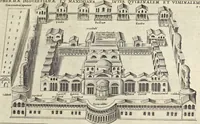 An illustration from Splendore dell'antica e moderna Roma : nel qvale si rappresentano tutti i principali tempii, teatri, anfiteatri, cerchi, naumachie, archi trionfali, obelischi, palagii, terme, curie, basiliche, fatti delli ré, consoli, dittatori, & imperadori romani : dignità ciuili, e militari, ordine de' trionfi, nomi di tutti i trionfanti, sacrificio militare; colonna Traiana, colonna Antonina, colonna milliaria, colonna rostrata, & colonna bellica; con li più segnalati giardini de gli antichi, e moderni Romani & altre cose notabili, con fatti, & imprese di quelli, da'quali sono stati eretti, e dedicati. : et in questa vltima impressione abbellito di molti disegni antichi, e moderni; & aggiuntoui le descrittioni delle figure cauate dall'antichi medaglie de gl'imperadori, in quatto linguagi latino, italiano, tedesco, e francese, per vtilità commune (1641)