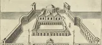 An illustration from Splendore dell'antica e moderna Roma : nel qvale si rappresentano tutti i principali tempii, teatri, anfiteatri, cerchi, naumachie, archi trionfali, obelischi, palagii, terme, curie, basiliche, fatti delli ré, consoli, dittatori, & imperadori romani : dignità ciuili, e militari, ordine de' trionfi, nomi di tutti i trionfanti, sacrificio militare; colonna Traiana, colonna Antonina, colonna milliaria, colonna rostrata, & colonna bellica; con li più segnalati giardini de gli antichi, e moderni Romani & altre cose notabili, con fatti, & imprese di quelli, da'quali sono stati eretti, e dedicati. : et in questa vltima impressione abbellito di molti disegni antichi, e moderni; & aggiuntoui le descrittioni delle figure cauate dall'antichi medaglie de gl'imperadori, in quatto linguagi latino, italiano, tedesco, e francese, per vtilità commune (1641)