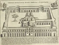 Picture 77 of 168 from Splendore dell'antica e moderna Roma : nel qvale si rappresentano tutti i principali tempii, teatri, anfiteatri, cerchi, naumachie, archi trionfali, obelischi, palagii, terme, curie, basiliche, fatti delli ré, consoli, dittatori, & imperadori romani : dignità ciuili, e militari, ordine de' trionfi, nomi di tutti i trionfanti, sacrificio militare; colonna Traiana, colonna Antonina, colonna milliaria, colonna rostrata, & colonna bellica; con li più segnalati giardini de gli antichi, e moderni Romani & altre cose notabili, con fatti, & imprese di quelli, da'quali sono stati eretti, e dedicati. : et in questa vltima impressione abbellito di molti disegni antichi, e moderni; & aggiuntoui le descrittioni delle figure cauate dall'antichi medaglie de gl'imperadori, in quatto linguagi latino, italiano, tedesco, e francese, per vtilità commune (1641), leaf 174