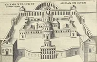An illustration from Splendore dell'antica e moderna Roma : nel qvale si rappresentano tutti i principali tempii, teatri, anfiteatri, cerchi, naumachie, archi trionfali, obelischi, palagii, terme, curie, basiliche, fatti delli ré, consoli, dittatori, & imperadori romani : dignità ciuili, e militari, ordine de' trionfi, nomi di tutti i trionfanti, sacrificio militare; colonna Traiana, colonna Antonina, colonna milliaria, colonna rostrata, & colonna bellica; con li più segnalati giardini de gli antichi, e moderni Romani & altre cose notabili, con fatti, & imprese di quelli, da'quali sono stati eretti, e dedicati. : et in questa vltima impressione abbellito di molti disegni antichi, e moderni; & aggiuntoui le descrittioni delle figure cauate dall'antichi medaglie de gl'imperadori, in quatto linguagi latino, italiano, tedesco, e francese, per vtilità commune (1641)