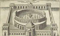An illustration from Splendore dell'antica e moderna Roma : nel qvale si rappresentano tutti i principali tempii, teatri, anfiteatri, cerchi, naumachie, archi trionfali, obelischi, palagii, terme, curie, basiliche, fatti delli ré, consoli, dittatori, & imperadori romani : dignità ciuili, e militari, ordine de' trionfi, nomi di tutti i trionfanti, sacrificio militare; colonna Traiana, colonna Antonina, colonna milliaria, colonna rostrata, & colonna bellica; con li più segnalati giardini de gli antichi, e moderni Romani & altre cose notabili, con fatti, & imprese di quelli, da'quali sono stati eretti, e dedicati. : et in questa vltima impressione abbellito di molti disegni antichi, e moderni; & aggiuntoui le descrittioni delle figure cauate dall'antichi medaglie de gl'imperadori, in quatto linguagi latino, italiano, tedesco, e francese, per vtilità commune (1641)