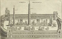 An illustration from Splendore dell'antica e moderna Roma : nel qvale si rappresentano tutti i principali tempii, teatri, anfiteatri, cerchi, naumachie, archi trionfali, obelischi, palagii, terme, curie, basiliche, fatti delli ré, consoli, dittatori, & imperadori romani : dignità ciuili, e militari, ordine de' trionfi, nomi di tutti i trionfanti, sacrificio militare; colonna Traiana, colonna Antonina, colonna milliaria, colonna rostrata, & colonna bellica; con li più segnalati giardini de gli antichi, e moderni Romani & altre cose notabili, con fatti, & imprese di quelli, da'quali sono stati eretti, e dedicati. : et in questa vltima impressione abbellito di molti disegni antichi, e moderni; & aggiuntoui le descrittioni delle figure cauate dall'antichi medaglie de gl'imperadori, in quatto linguagi latino, italiano, tedesco, e francese, per vtilità commune (1641)