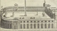 An illustration from Splendore dell'antica e moderna Roma : nel qvale si rappresentano tutti i principali tempii, teatri, anfiteatri, cerchi, naumachie, archi trionfali, obelischi, palagii, terme, curie, basiliche, fatti delli ré, consoli, dittatori, & imperadori romani : dignità ciuili, e militari, ordine de' trionfi, nomi di tutti i trionfanti, sacrificio militare; colonna Traiana, colonna Antonina, colonna milliaria, colonna rostrata, & colonna bellica; con li più segnalati giardini de gli antichi, e moderni Romani & altre cose notabili, con fatti, & imprese di quelli, da'quali sono stati eretti, e dedicati. : et in questa vltima impressione abbellito di molti disegni antichi, e moderni; & aggiuntoui le descrittioni delle figure cauate dall'antichi medaglie de gl'imperadori, in quatto linguagi latino, italiano, tedesco, e francese, per vtilità commune (1641)