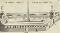 An illustration from Splendore dell'antica e moderna Roma : nel qvale si rappresentano tutti i principali tempii, teatri, anfiteatri, cerchi, naumachie, archi trionfali, obelischi, palagii, terme, curie, basiliche, fatti delli ré, consoli, dittatori, & imperadori romani : dignità ciuili, e militari, ordine de' trionfi, nomi di tutti i trionfanti, sacrificio militare; colonna Traiana, colonna Antonina, colonna milliaria, colonna rostrata, & colonna bellica; con li più segnalati giardini de gli antichi, e moderni Romani & altre cose notabili, con fatti, & imprese di quelli, da'quali sono stati eretti, e dedicati. : et in questa vltima impressione abbellito di molti disegni antichi, e moderni; & aggiuntoui le descrittioni delle figure cauate dall'antichi medaglie de gl'imperadori, in quatto linguagi latino, italiano, tedesco, e francese, per vtilità commune (1641)