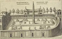 An illustration from Splendore dell'antica e moderna Roma : nel qvale si rappresentano tutti i principali tempii, teatri, anfiteatri, cerchi, naumachie, archi trionfali, obelischi, palagii, terme, curie, basiliche, fatti delli ré, consoli, dittatori, & imperadori romani : dignità ciuili, e militari, ordine de' trionfi, nomi di tutti i trionfanti, sacrificio militare; colonna Traiana, colonna Antonina, colonna milliaria, colonna rostrata, & colonna bellica; con li più segnalati giardini de gli antichi, e moderni Romani & altre cose notabili, con fatti, & imprese di quelli, da'quali sono stati eretti, e dedicati. : et in questa vltima impressione abbellito di molti disegni antichi, e moderni; & aggiuntoui le descrittioni delle figure cauate dall'antichi medaglie de gl'imperadori, in quatto linguagi latino, italiano, tedesco, e francese, per vtilità commune (1641)