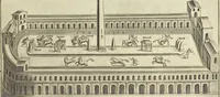 An illustration from Splendore dell'antica e moderna Roma : nel qvale si rappresentano tutti i principali tempii, teatri, anfiteatri, cerchi, naumachie, archi trionfali, obelischi, palagii, terme, curie, basiliche, fatti delli ré, consoli, dittatori, & imperadori romani : dignità ciuili, e militari, ordine de' trionfi, nomi di tutti i trionfanti, sacrificio militare; colonna Traiana, colonna Antonina, colonna milliaria, colonna rostrata, & colonna bellica; con li più segnalati giardini de gli antichi, e moderni Romani & altre cose notabili, con fatti, & imprese di quelli, da'quali sono stati eretti, e dedicati. : et in questa vltima impressione abbellito di molti disegni antichi, e moderni; & aggiuntoui le descrittioni delle figure cauate dall'antichi medaglie de gl'imperadori, in quatto linguagi latino, italiano, tedesco, e francese, per vtilità commune (1641)