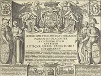 An illustration from Splendore dell'antica e moderna Roma : nel qvale si rappresentano tutti i principali tempii, teatri, anfiteatri, cerchi, naumachie, archi trionfali, obelischi, palagii, terme, curie, basiliche, fatti delli ré, consoli, dittatori, & imperadori romani : dignità ciuili, e militari, ordine de' trionfi, nomi di tutti i trionfanti, sacrificio militare; colonna Traiana, colonna Antonina, colonna milliaria, colonna rostrata, & colonna bellica; con li più segnalati giardini de gli antichi, e moderni Romani & altre cose notabili, con fatti, & imprese di quelli, da'quali sono stati eretti, e dedicati. : et in questa vltima impressione abbellito di molti disegni antichi, e moderni; & aggiuntoui le descrittioni delle figure cauate dall'antichi medaglie de gl'imperadori, in quatto linguagi latino, italiano, tedesco, e francese, per vtilità commune (1641)