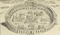 An illustration from Splendore dell'antica e moderna Roma : nel qvale si rappresentano tutti i principali tempii, teatri, anfiteatri, cerchi, naumachie, archi trionfali, obelischi, palagii, terme, curie, basiliche, fatti delli ré, consoli, dittatori, & imperadori romani : dignità ciuili, e militari, ordine de' trionfi, nomi di tutti i trionfanti, sacrificio militare; colonna Traiana, colonna Antonina, colonna milliaria, colonna rostrata, & colonna bellica; con li più segnalati giardini de gli antichi, e moderni Romani & altre cose notabili, con fatti, & imprese di quelli, da'quali sono stati eretti, e dedicati. : et in questa vltima impressione abbellito di molti disegni antichi, e moderni; & aggiuntoui le descrittioni delle figure cauate dall'antichi medaglie de gl'imperadori, in quatto linguagi latino, italiano, tedesco, e francese, per vtilità commune (1641)