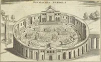 An illustration from Splendore dell'antica e moderna Roma : nel qvale si rappresentano tutti i principali tempii, teatri, anfiteatri, cerchi, naumachie, archi trionfali, obelischi, palagii, terme, curie, basiliche, fatti delli ré, consoli, dittatori, & imperadori romani : dignità ciuili, e militari, ordine de' trionfi, nomi di tutti i trionfanti, sacrificio militare; colonna Traiana, colonna Antonina, colonna milliaria, colonna rostrata, & colonna bellica; con li più segnalati giardini de gli antichi, e moderni Romani & altre cose notabili, con fatti, & imprese di quelli, da'quali sono stati eretti, e dedicati. : et in questa vltima impressione abbellito di molti disegni antichi, e moderni; & aggiuntoui le descrittioni delle figure cauate dall'antichi medaglie de gl'imperadori, in quatto linguagi latino, italiano, tedesco, e francese, per vtilità commune (1641)
