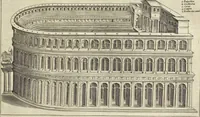 An illustration from Splendore dell'antica e moderna Roma : nel qvale si rappresentano tutti i principali tempii, teatri, anfiteatri, cerchi, naumachie, archi trionfali, obelischi, palagii, terme, curie, basiliche, fatti delli ré, consoli, dittatori, & imperadori romani : dignità ciuili, e militari, ordine de' trionfi, nomi di tutti i trionfanti, sacrificio militare; colonna Traiana, colonna Antonina, colonna milliaria, colonna rostrata, & colonna bellica; con li più segnalati giardini de gli antichi, e moderni Romani & altre cose notabili, con fatti, & imprese di quelli, da'quali sono stati eretti, e dedicati. : et in questa vltima impressione abbellito di molti disegni antichi, e moderni; & aggiuntoui le descrittioni delle figure cauate dall'antichi medaglie de gl'imperadori, in quatto linguagi latino, italiano, tedesco, e francese, per vtilità commune (1641)