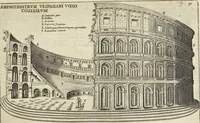 An illustration from Splendore dell'antica e moderna Roma : nel qvale si rappresentano tutti i principali tempii, teatri, anfiteatri, cerchi, naumachie, archi trionfali, obelischi, palagii, terme, curie, basiliche, fatti delli ré, consoli, dittatori, & imperadori romani : dignità ciuili, e militari, ordine de' trionfi, nomi di tutti i trionfanti, sacrificio militare; colonna Traiana, colonna Antonina, colonna milliaria, colonna rostrata, & colonna bellica; con li più segnalati giardini de gli antichi, e moderni Romani & altre cose notabili, con fatti, & imprese di quelli, da'quali sono stati eretti, e dedicati. : et in questa vltima impressione abbellito di molti disegni antichi, e moderni; & aggiuntoui le descrittioni delle figure cauate dall'antichi medaglie de gl'imperadori, in quatto linguagi latino, italiano, tedesco, e francese, per vtilità commune (1641)