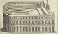 An illustration from Splendore dell'antica e moderna Roma : nel qvale si rappresentano tutti i principali tempii, teatri, anfiteatri, cerchi, naumachie, archi trionfali, obelischi, palagii, terme, curie, basiliche, fatti delli ré, consoli, dittatori, & imperadori romani : dignità ciuili, e militari, ordine de' trionfi, nomi di tutti i trionfanti, sacrificio militare; colonna Traiana, colonna Antonina, colonna milliaria, colonna rostrata, & colonna bellica; con li più segnalati giardini de gli antichi, e moderni Romani & altre cose notabili, con fatti, & imprese di quelli, da'quali sono stati eretti, e dedicati. : et in questa vltima impressione abbellito di molti disegni antichi, e moderni; & aggiuntoui le descrittioni delle figure cauate dall'antichi medaglie de gl'imperadori, in quatto linguagi latino, italiano, tedesco, e francese, per vtilità commune (1641)