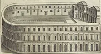 An illustration from Splendore dell'antica e moderna Roma : nel qvale si rappresentano tutti i principali tempii, teatri, anfiteatri, cerchi, naumachie, archi trionfali, obelischi, palagii, terme, curie, basiliche, fatti delli ré, consoli, dittatori, & imperadori romani : dignità ciuili, e militari, ordine de' trionfi, nomi di tutti i trionfanti, sacrificio militare; colonna Traiana, colonna Antonina, colonna milliaria, colonna rostrata, & colonna bellica; con li più segnalati giardini de gli antichi, e moderni Romani & altre cose notabili, con fatti, & imprese di quelli, da'quali sono stati eretti, e dedicati. : et in questa vltima impressione abbellito di molti disegni antichi, e moderni; & aggiuntoui le descrittioni delle figure cauate dall'antichi medaglie de gl'imperadori, in quatto linguagi latino, italiano, tedesco, e francese, per vtilità commune (1641)