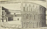 An illustration from Splendore dell'antica e moderna Roma : nel qvale si rappresentano tutti i principali tempii, teatri, anfiteatri, cerchi, naumachie, archi trionfali, obelischi, palagii, terme, curie, basiliche, fatti delli ré, consoli, dittatori, & imperadori romani : dignità ciuili, e militari, ordine de' trionfi, nomi di tutti i trionfanti, sacrificio militare; colonna Traiana, colonna Antonina, colonna milliaria, colonna rostrata, & colonna bellica; con li più segnalati giardini de gli antichi, e moderni Romani & altre cose notabili, con fatti, & imprese di quelli, da'quali sono stati eretti, e dedicati. : et in questa vltima impressione abbellito di molti disegni antichi, e moderni; & aggiuntoui le descrittioni delle figure cauate dall'antichi medaglie de gl'imperadori, in quatto linguagi latino, italiano, tedesco, e francese, per vtilità commune (1641)