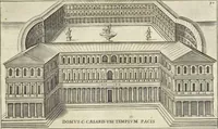 An illustration from Splendore dell'antica e moderna Roma : nel qvale si rappresentano tutti i principali tempii, teatri, anfiteatri, cerchi, naumachie, archi trionfali, obelischi, palagii, terme, curie, basiliche, fatti delli ré, consoli, dittatori, & imperadori romani : dignità ciuili, e militari, ordine de' trionfi, nomi di tutti i trionfanti, sacrificio militare; colonna Traiana, colonna Antonina, colonna milliaria, colonna rostrata, & colonna bellica; con li più segnalati giardini de gli antichi, e moderni Romani & altre cose notabili, con fatti, & imprese di quelli, da'quali sono stati eretti, e dedicati. : et in questa vltima impressione abbellito di molti disegni antichi, e moderni; & aggiuntoui le descrittioni delle figure cauate dall'antichi medaglie de gl'imperadori, in quatto linguagi latino, italiano, tedesco, e francese, per vtilità commune (1641)