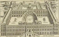 An illustration from Splendore dell'antica e moderna Roma : nel qvale si rappresentano tutti i principali tempii, teatri, anfiteatri, cerchi, naumachie, archi trionfali, obelischi, palagii, terme, curie, basiliche, fatti delli ré, consoli, dittatori, & imperadori romani : dignità ciuili, e militari, ordine de' trionfi, nomi di tutti i trionfanti, sacrificio militare; colonna Traiana, colonna Antonina, colonna milliaria, colonna rostrata, & colonna bellica; con li più segnalati giardini de gli antichi, e moderni Romani & altre cose notabili, con fatti, & imprese di quelli, da'quali sono stati eretti, e dedicati. : et in questa vltima impressione abbellito di molti disegni antichi, e moderni; & aggiuntoui le descrittioni delle figure cauate dall'antichi medaglie de gl'imperadori, in quatto linguagi latino, italiano, tedesco, e francese, per vtilità commune (1641)