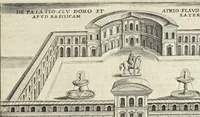 An illustration from Splendore dell'antica e moderna Roma : nel qvale si rappresentano tutti i principali tempii, teatri, anfiteatri, cerchi, naumachie, archi trionfali, obelischi, palagii, terme, curie, basiliche, fatti delli ré, consoli, dittatori, & imperadori romani : dignità ciuili, e militari, ordine de' trionfi, nomi di tutti i trionfanti, sacrificio militare; colonna Traiana, colonna Antonina, colonna milliaria, colonna rostrata, & colonna bellica; con li più segnalati giardini de gli antichi, e moderni Romani & altre cose notabili, con fatti, & imprese di quelli, da'quali sono stati eretti, e dedicati. : et in questa vltima impressione abbellito di molti disegni antichi, e moderni; & aggiuntoui le descrittioni delle figure cauate dall'antichi medaglie de gl'imperadori, in quatto linguagi latino, italiano, tedesco, e francese, per vtilità commune (1641)