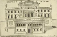 An illustration from Splendore dell'antica e moderna Roma : nel qvale si rappresentano tutti i principali tempii, teatri, anfiteatri, cerchi, naumachie, archi trionfali, obelischi, palagii, terme, curie, basiliche, fatti delli ré, consoli, dittatori, & imperadori romani : dignità ciuili, e militari, ordine de' trionfi, nomi di tutti i trionfanti, sacrificio militare; colonna Traiana, colonna Antonina, colonna milliaria, colonna rostrata, & colonna bellica; con li più segnalati giardini de gli antichi, e moderni Romani & altre cose notabili, con fatti, & imprese di quelli, da'quali sono stati eretti, e dedicati. : et in questa vltima impressione abbellito di molti disegni antichi, e moderni; & aggiuntoui le descrittioni delle figure cauate dall'antichi medaglie de gl'imperadori, in quatto linguagi latino, italiano, tedesco, e francese, per vtilità commune (1641)