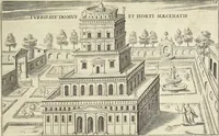 An illustration from Splendore dell'antica e moderna Roma : nel qvale si rappresentano tutti i principali tempii, teatri, anfiteatri, cerchi, naumachie, archi trionfali, obelischi, palagii, terme, curie, basiliche, fatti delli ré, consoli, dittatori, & imperadori romani : dignità ciuili, e militari, ordine de' trionfi, nomi di tutti i trionfanti, sacrificio militare; colonna Traiana, colonna Antonina, colonna milliaria, colonna rostrata, & colonna bellica; con li più segnalati giardini de gli antichi, e moderni Romani & altre cose notabili, con fatti, & imprese di quelli, da'quali sono stati eretti, e dedicati. : et in questa vltima impressione abbellito di molti disegni antichi, e moderni; & aggiuntoui le descrittioni delle figure cauate dall'antichi medaglie de gl'imperadori, in quatto linguagi latino, italiano, tedesco, e francese, per vtilità commune (1641)