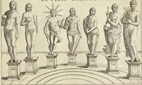 An illustration from Splendore dell'antica e moderna Roma : nel qvale si rappresentano tutti i principali tempii, teatri, anfiteatri, cerchi, naumachie, archi trionfali, obelischi, palagii, terme, curie, basiliche, fatti delli ré, consoli, dittatori, & imperadori romani : dignità ciuili, e militari, ordine de' trionfi, nomi di tutti i trionfanti, sacrificio militare; colonna Traiana, colonna Antonina, colonna milliaria, colonna rostrata, & colonna bellica; con li più segnalati giardini de gli antichi, e moderni Romani & altre cose notabili, con fatti, & imprese di quelli, da'quali sono stati eretti, e dedicati. : et in questa vltima impressione abbellito di molti disegni antichi, e moderni; & aggiuntoui le descrittioni delle figure cauate dall'antichi medaglie de gl'imperadori, in quatto linguagi latino, italiano, tedesco, e francese, per vtilità commune (1641)