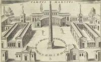 Picture 108 of 168 from Splendore dell'antica e moderna Roma : nel qvale si rappresentano tutti i principali tempii, teatri, anfiteatri, cerchi, naumachie, archi trionfali, obelischi, palagii, terme, curie, basiliche, fatti delli ré, consoli, dittatori, & imperadori romani : dignità ciuili, e militari, ordine de' trionfi, nomi di tutti i trionfanti, sacrificio militare; colonna Traiana, colonna Antonina, colonna milliaria, colonna rostrata, & colonna bellica; con li più segnalati giardini de gli antichi, e moderni Romani & altre cose notabili, con fatti, & imprese di quelli, da'quali sono stati eretti, e dedicati. : et in questa vltima impressione abbellito di molti disegni antichi, e moderni; & aggiuntoui le descrittioni delle figure cauate dall'antichi medaglie de gl'imperadori, in quatto linguagi latino, italiano, tedesco, e francese, per vtilità commune (1641), leaf 238