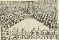 An illustration from Splendore dell'antica e moderna Roma : nel qvale si rappresentano tutti i principali tempii, teatri, anfiteatri, cerchi, naumachie, archi trionfali, obelischi, palagii, terme, curie, basiliche, fatti delli ré, consoli, dittatori, & imperadori romani : dignità ciuili, e militari, ordine de' trionfi, nomi di tutti i trionfanti, sacrificio militare; colonna Traiana, colonna Antonina, colonna milliaria, colonna rostrata, & colonna bellica; con li più segnalati giardini de gli antichi, e moderni Romani & altre cose notabili, con fatti, & imprese di quelli, da'quali sono stati eretti, e dedicati. : et in questa vltima impressione abbellito di molti disegni antichi, e moderni; & aggiuntoui le descrittioni delle figure cauate dall'antichi medaglie de gl'imperadori, in quatto linguagi latino, italiano, tedesco, e francese, per vtilità commune (1641)