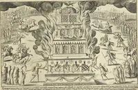 An illustration from Splendore dell'antica e moderna Roma : nel qvale si rappresentano tutti i principali tempii, teatri, anfiteatri, cerchi, naumachie, archi trionfali, obelischi, palagii, terme, curie, basiliche, fatti delli ré, consoli, dittatori, & imperadori romani : dignità ciuili, e militari, ordine de' trionfi, nomi di tutti i trionfanti, sacrificio militare; colonna Traiana, colonna Antonina, colonna milliaria, colonna rostrata, & colonna bellica; con li più segnalati giardini de gli antichi, e moderni Romani & altre cose notabili, con fatti, & imprese di quelli, da'quali sono stati eretti, e dedicati. : et in questa vltima impressione abbellito di molti disegni antichi, e moderni; & aggiuntoui le descrittioni delle figure cauate dall'antichi medaglie de gl'imperadori, in quatto linguagi latino, italiano, tedesco, e francese, per vtilità commune (1641)