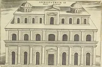 An illustration from Splendore dell'antica e moderna Roma : nel qvale si rappresentano tutti i principali tempii, teatri, anfiteatri, cerchi, naumachie, archi trionfali, obelischi, palagii, terme, curie, basiliche, fatti delli ré, consoli, dittatori, & imperadori romani : dignità ciuili, e militari, ordine de' trionfi, nomi di tutti i trionfanti, sacrificio militare; colonna Traiana, colonna Antonina, colonna milliaria, colonna rostrata, & colonna bellica; con li più segnalati giardini de gli antichi, e moderni Romani & altre cose notabili, con fatti, & imprese di quelli, da'quali sono stati eretti, e dedicati. : et in questa vltima impressione abbellito di molti disegni antichi, e moderni; & aggiuntoui le descrittioni delle figure cauate dall'antichi medaglie de gl'imperadori, in quatto linguagi latino, italiano, tedesco, e francese, per vtilità commune (1641)