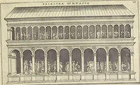 Picture 111 of 168 from Splendore dell'antica e moderna Roma : nel qvale si rappresentano tutti i principali tempii, teatri, anfiteatri, cerchi, naumachie, archi trionfali, obelischi, palagii, terme, curie, basiliche, fatti delli ré, consoli, dittatori, & imperadori romani : dignità ciuili, e militari, ordine de' trionfi, nomi di tutti i trionfanti, sacrificio militare; colonna Traiana, colonna Antonina, colonna milliaria, colonna rostrata, & colonna bellica; con li più segnalati giardini de gli antichi, e moderni Romani & altre cose notabili, con fatti, & imprese di quelli, da'quali sono stati eretti, e dedicati. : et in questa vltima impressione abbellito di molti disegni antichi, e moderni; & aggiuntoui le descrittioni delle figure cauate dall'antichi medaglie de gl'imperadori, in quatto linguagi latino, italiano, tedesco, e francese, per vtilità commune (1641), leaf 246