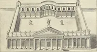 An illustration from Splendore dell'antica e moderna Roma : nel qvale si rappresentano tutti i principali tempii, teatri, anfiteatri, cerchi, naumachie, archi trionfali, obelischi, palagii, terme, curie, basiliche, fatti delli ré, consoli, dittatori, & imperadori romani : dignità ciuili, e militari, ordine de' trionfi, nomi di tutti i trionfanti, sacrificio militare; colonna Traiana, colonna Antonina, colonna milliaria, colonna rostrata, & colonna bellica; con li più segnalati giardini de gli antichi, e moderni Romani & altre cose notabili, con fatti, & imprese di quelli, da'quali sono stati eretti, e dedicati. : et in questa vltima impressione abbellito di molti disegni antichi, e moderni; & aggiuntoui le descrittioni delle figure cauate dall'antichi medaglie de gl'imperadori, in quatto linguagi latino, italiano, tedesco, e francese, per vtilità commune (1641)