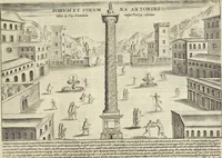 Picture 114 of 168 from Splendore dell'antica e moderna Roma : nel qvale si rappresentano tutti i principali tempii, teatri, anfiteatri, cerchi, naumachie, archi trionfali, obelischi, palagii, terme, curie, basiliche, fatti delli ré, consoli, dittatori, & imperadori romani : dignità ciuili, e militari, ordine de' trionfi, nomi di tutti i trionfanti, sacrificio militare; colonna Traiana, colonna Antonina, colonna milliaria, colonna rostrata, & colonna bellica; con li più segnalati giardini de gli antichi, e moderni Romani & altre cose notabili, con fatti, & imprese di quelli, da'quali sono stati eretti, e dedicati. : et in questa vltima impressione abbellito di molti disegni antichi, e moderni; & aggiuntoui le descrittioni delle figure cauate dall'antichi medaglie de gl'imperadori, in quatto linguagi latino, italiano, tedesco, e francese, per vtilità commune (1641), leaf 252