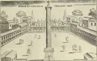 Picture 115 of 168 from Splendore dell'antica e moderna Roma : nel qvale si rappresentano tutti i principali tempii, teatri, anfiteatri, cerchi, naumachie, archi trionfali, obelischi, palagii, terme, curie, basiliche, fatti delli ré, consoli, dittatori, & imperadori romani : dignità ciuili, e militari, ordine de' trionfi, nomi di tutti i trionfanti, sacrificio militare; colonna Traiana, colonna Antonina, colonna milliaria, colonna rostrata, & colonna bellica; con li più segnalati giardini de gli antichi, e moderni Romani & altre cose notabili, con fatti, & imprese di quelli, da'quali sono stati eretti, e dedicati. : et in questa vltima impressione abbellito di molti disegni antichi, e moderni; & aggiuntoui le descrittioni delle figure cauate dall'antichi medaglie de gl'imperadori, in quatto linguagi latino, italiano, tedesco, e francese, per vtilità commune (1641), leaf 254