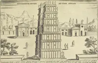 An illustration from Splendore dell'antica e moderna Roma : nel qvale si rappresentano tutti i principali tempii, teatri, anfiteatri, cerchi, naumachie, archi trionfali, obelischi, palagii, terme, curie, basiliche, fatti delli ré, consoli, dittatori, & imperadori romani : dignità ciuili, e militari, ordine de' trionfi, nomi di tutti i trionfanti, sacrificio militare; colonna Traiana, colonna Antonina, colonna milliaria, colonna rostrata, & colonna bellica; con li più segnalati giardini de gli antichi, e moderni Romani & altre cose notabili, con fatti, & imprese di quelli, da'quali sono stati eretti, e dedicati. : et in questa vltima impressione abbellito di molti disegni antichi, e moderni; & aggiuntoui le descrittioni delle figure cauate dall'antichi medaglie de gl'imperadori, in quatto linguagi latino, italiano, tedesco, e francese, per vtilità commune (1641)