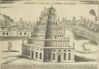 Picture 119 of 168 from Splendore dell'antica e moderna Roma : nel qvale si rappresentano tutti i principali tempii, teatri, anfiteatri, cerchi, naumachie, archi trionfali, obelischi, palagii, terme, curie, basiliche, fatti delli ré, consoli, dittatori, & imperadori romani : dignità ciuili, e militari, ordine de' trionfi, nomi di tutti i trionfanti, sacrificio militare; colonna Traiana, colonna Antonina, colonna milliaria, colonna rostrata, & colonna bellica; con li più segnalati giardini de gli antichi, e moderni Romani & altre cose notabili, con fatti, & imprese di quelli, da'quali sono stati eretti, e dedicati. : et in questa vltima impressione abbellito di molti disegni antichi, e moderni; & aggiuntoui le descrittioni delle figure cauate dall'antichi medaglie de gl'imperadori, in quatto linguagi latino, italiano, tedesco, e francese, per vtilità commune (1641), leaf 262