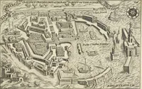An illustration from Splendore dell'antica e moderna Roma : nel qvale si rappresentano tutti i principali tempii, teatri, anfiteatri, cerchi, naumachie, archi trionfali, obelischi, palagii, terme, curie, basiliche, fatti delli ré, consoli, dittatori, & imperadori romani : dignità ciuili, e militari, ordine de' trionfi, nomi di tutti i trionfanti, sacrificio militare; colonna Traiana, colonna Antonina, colonna milliaria, colonna rostrata, & colonna bellica; con li più segnalati giardini de gli antichi, e moderni Romani & altre cose notabili, con fatti, & imprese di quelli, da'quali sono stati eretti, e dedicati. : et in questa vltima impressione abbellito di molti disegni antichi, e moderni; & aggiuntoui le descrittioni delle figure cauate dall'antichi medaglie de gl'imperadori, in quatto linguagi latino, italiano, tedesco, e francese, per vtilità commune (1641)