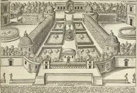 An illustration from Splendore dell'antica e moderna Roma : nel qvale si rappresentano tutti i principali tempii, teatri, anfiteatri, cerchi, naumachie, archi trionfali, obelischi, palagii, terme, curie, basiliche, fatti delli ré, consoli, dittatori, & imperadori romani : dignità ciuili, e militari, ordine de' trionfi, nomi di tutti i trionfanti, sacrificio militare; colonna Traiana, colonna Antonina, colonna milliaria, colonna rostrata, & colonna bellica; con li più segnalati giardini de gli antichi, e moderni Romani & altre cose notabili, con fatti, & imprese di quelli, da'quali sono stati eretti, e dedicati. : et in questa vltima impressione abbellito di molti disegni antichi, e moderni; & aggiuntoui le descrittioni delle figure cauate dall'antichi medaglie de gl'imperadori, in quatto linguagi latino, italiano, tedesco, e francese, per vtilità commune (1641)