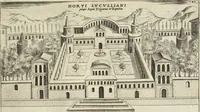 An illustration from Splendore dell'antica e moderna Roma : nel qvale si rappresentano tutti i principali tempii, teatri, anfiteatri, cerchi, naumachie, archi trionfali, obelischi, palagii, terme, curie, basiliche, fatti delli ré, consoli, dittatori, & imperadori romani : dignità ciuili, e militari, ordine de' trionfi, nomi di tutti i trionfanti, sacrificio militare; colonna Traiana, colonna Antonina, colonna milliaria, colonna rostrata, & colonna bellica; con li più segnalati giardini de gli antichi, e moderni Romani & altre cose notabili, con fatti, & imprese di quelli, da'quali sono stati eretti, e dedicati. : et in questa vltima impressione abbellito di molti disegni antichi, e moderni; & aggiuntoui le descrittioni delle figure cauate dall'antichi medaglie de gl'imperadori, in quatto linguagi latino, italiano, tedesco, e francese, per vtilità commune (1641)