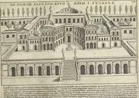 An illustration from Splendore dell'antica e moderna Roma : nel qvale si rappresentano tutti i principali tempii, teatri, anfiteatri, cerchi, naumachie, archi trionfali, obelischi, palagii, terme, curie, basiliche, fatti delli ré, consoli, dittatori, & imperadori romani : dignità ciuili, e militari, ordine de' trionfi, nomi di tutti i trionfanti, sacrificio militare; colonna Traiana, colonna Antonina, colonna milliaria, colonna rostrata, & colonna bellica; con li più segnalati giardini de gli antichi, e moderni Romani & altre cose notabili, con fatti, & imprese di quelli, da'quali sono stati eretti, e dedicati. : et in questa vltima impressione abbellito di molti disegni antichi, e moderni; & aggiuntoui le descrittioni delle figure cauate dall'antichi medaglie de gl'imperadori, in quatto linguagi latino, italiano, tedesco, e francese, per vtilità commune (1641)