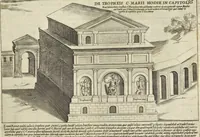 An illustration from Splendore dell'antica e moderna Roma : nel qvale si rappresentano tutti i principali tempii, teatri, anfiteatri, cerchi, naumachie, archi trionfali, obelischi, palagii, terme, curie, basiliche, fatti delli ré, consoli, dittatori, & imperadori romani : dignità ciuili, e militari, ordine de' trionfi, nomi di tutti i trionfanti, sacrificio militare; colonna Traiana, colonna Antonina, colonna milliaria, colonna rostrata, & colonna bellica; con li più segnalati giardini de gli antichi, e moderni Romani & altre cose notabili, con fatti, & imprese di quelli, da'quali sono stati eretti, e dedicati. : et in questa vltima impressione abbellito di molti disegni antichi, e moderni; & aggiuntoui le descrittioni delle figure cauate dall'antichi medaglie de gl'imperadori, in quatto linguagi latino, italiano, tedesco, e francese, per vtilità commune (1641)