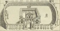 An illustration from Splendore dell'antica e moderna Roma : nel qvale si rappresentano tutti i principali tempii, teatri, anfiteatri, cerchi, naumachie, archi trionfali, obelischi, palagii, terme, curie, basiliche, fatti delli ré, consoli, dittatori, & imperadori romani : dignità ciuili, e militari, ordine de' trionfi, nomi di tutti i trionfanti, sacrificio militare; colonna Traiana, colonna Antonina, colonna milliaria, colonna rostrata, & colonna bellica; con li più segnalati giardini de gli antichi, e moderni Romani & altre cose notabili, con fatti, & imprese di quelli, da'quali sono stati eretti, e dedicati. : et in questa vltima impressione abbellito di molti disegni antichi, e moderni; & aggiuntoui le descrittioni delle figure cauate dall'antichi medaglie de gl'imperadori, in quatto linguagi latino, italiano, tedesco, e francese, per vtilità commune (1641)