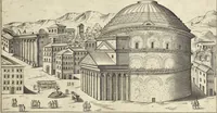 An illustration from Splendore dell'antica e moderna Roma : nel qvale si rappresentano tutti i principali tempii, teatri, anfiteatri, cerchi, naumachie, archi trionfali, obelischi, palagii, terme, curie, basiliche, fatti delli ré, consoli, dittatori, & imperadori romani : dignità ciuili, e militari, ordine de' trionfi, nomi di tutti i trionfanti, sacrificio militare; colonna Traiana, colonna Antonina, colonna milliaria, colonna rostrata, & colonna bellica; con li più segnalati giardini de gli antichi, e moderni Romani & altre cose notabili, con fatti, & imprese di quelli, da'quali sono stati eretti, e dedicati. : et in questa vltima impressione abbellito di molti disegni antichi, e moderni; & aggiuntoui le descrittioni delle figure cauate dall'antichi medaglie de gl'imperadori, in quatto linguagi latino, italiano, tedesco, e francese, per vtilità commune (1641)