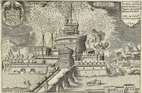 An illustration from Splendore dell'antica e moderna Roma : nel qvale si rappresentano tutti i principali tempii, teatri, anfiteatri, cerchi, naumachie, archi trionfali, obelischi, palagii, terme, curie, basiliche, fatti delli ré, consoli, dittatori, & imperadori romani : dignità ciuili, e militari, ordine de' trionfi, nomi di tutti i trionfanti, sacrificio militare; colonna Traiana, colonna Antonina, colonna milliaria, colonna rostrata, & colonna bellica; con li più segnalati giardini de gli antichi, e moderni Romani & altre cose notabili, con fatti, & imprese di quelli, da'quali sono stati eretti, e dedicati. : et in questa vltima impressione abbellito di molti disegni antichi, e moderni; & aggiuntoui le descrittioni delle figure cauate dall'antichi medaglie de gl'imperadori, in quatto linguagi latino, italiano, tedesco, e francese, per vtilità commune (1641)