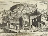 An illustration from Splendore dell'antica e moderna Roma : nel qvale si rappresentano tutti i principali tempii, teatri, anfiteatri, cerchi, naumachie, archi trionfali, obelischi, palagii, terme, curie, basiliche, fatti delli ré, consoli, dittatori, & imperadori romani : dignità ciuili, e militari, ordine de' trionfi, nomi di tutti i trionfanti, sacrificio militare; colonna Traiana, colonna Antonina, colonna milliaria, colonna rostrata, & colonna bellica; con li più segnalati giardini de gli antichi, e moderni Romani & altre cose notabili, con fatti, & imprese di quelli, da'quali sono stati eretti, e dedicati. : et in questa vltima impressione abbellito di molti disegni antichi, e moderni; & aggiuntoui le descrittioni delle figure cauate dall'antichi medaglie de gl'imperadori, in quatto linguagi latino, italiano, tedesco, e francese, per vtilità commune (1641)