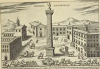 An illustration from Splendore dell'antica e moderna Roma : nel qvale si rappresentano tutti i principali tempii, teatri, anfiteatri, cerchi, naumachie, archi trionfali, obelischi, palagii, terme, curie, basiliche, fatti delli ré, consoli, dittatori, & imperadori romani : dignità ciuili, e militari, ordine de' trionfi, nomi di tutti i trionfanti, sacrificio militare; colonna Traiana, colonna Antonina, colonna milliaria, colonna rostrata, & colonna bellica; con li più segnalati giardini de gli antichi, e moderni Romani & altre cose notabili, con fatti, & imprese di quelli, da'quali sono stati eretti, e dedicati. : et in questa vltima impressione abbellito di molti disegni antichi, e moderni; & aggiuntoui le descrittioni delle figure cauate dall'antichi medaglie de gl'imperadori, in quatto linguagi latino, italiano, tedesco, e francese, per vtilità commune (1641)