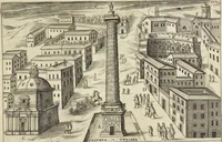 An illustration from Splendore dell'antica e moderna Roma : nel qvale si rappresentano tutti i principali tempii, teatri, anfiteatri, cerchi, naumachie, archi trionfali, obelischi, palagii, terme, curie, basiliche, fatti delli ré, consoli, dittatori, & imperadori romani : dignità ciuili, e militari, ordine de' trionfi, nomi di tutti i trionfanti, sacrificio militare; colonna Traiana, colonna Antonina, colonna milliaria, colonna rostrata, & colonna bellica; con li più segnalati giardini de gli antichi, e moderni Romani & altre cose notabili, con fatti, & imprese di quelli, da'quali sono stati eretti, e dedicati. : et in questa vltima impressione abbellito di molti disegni antichi, e moderni; & aggiuntoui le descrittioni delle figure cauate dall'antichi medaglie de gl'imperadori, in quatto linguagi latino, italiano, tedesco, e francese, per vtilità commune (1641)